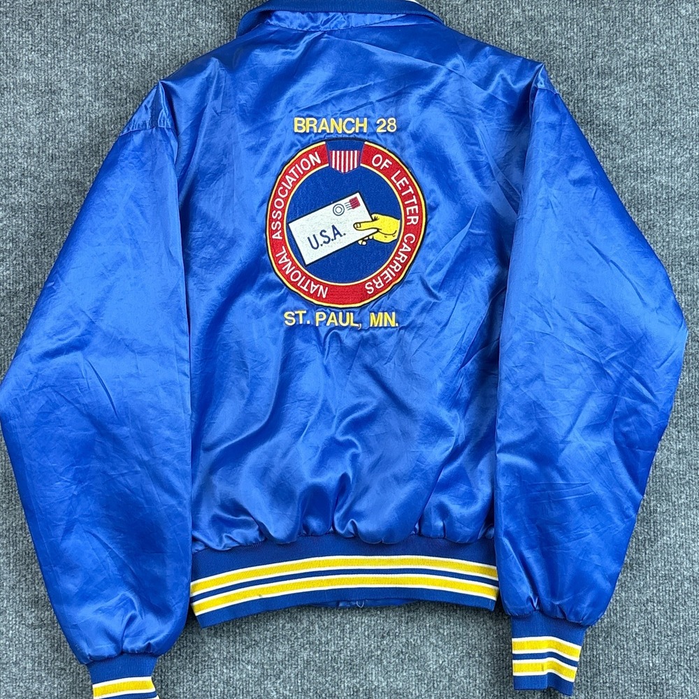 Vintage Satin Bomber Jacket NALC Mail Union Medium Blue Gold Ringer